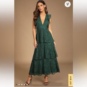 Molinetto Forest Green Lace Ruffled Tiered Sleeveless Maxi Dress